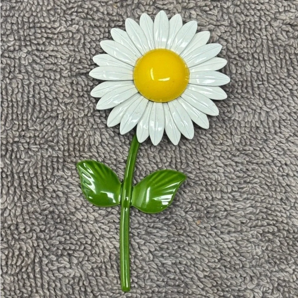 Vintage 1960s Enamel Daisy Brooch White Yellow Green Stem Flower Power Pin